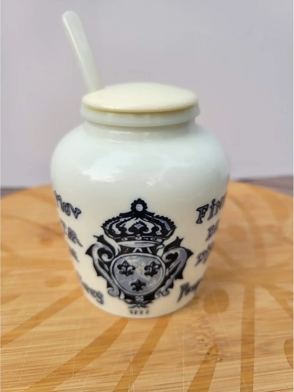 Grey Poupon White Blue Mustard Jar Party Bowl Lid Spoon France Crest